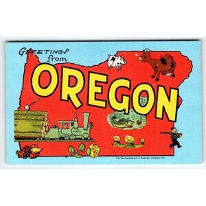 Greetings From Oregon Map Postcard Railroad Train Pig Fish Cow Axe Linen Kropp